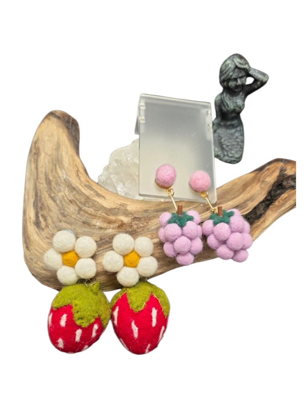 Hand Felted Wool Strawberry Grape Statement Earrings 2 Pair Set